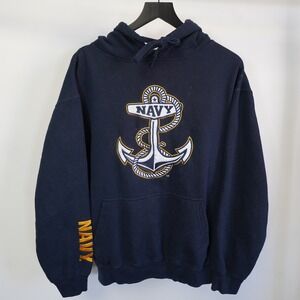 Vtg US Navy Blue Stitched Anchor Hoodie Mens Large Sweatshirt Armed Forces Gear
